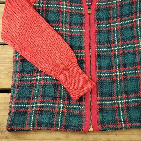 Womens Vintage Christmas Plaid V Neck Zip Up Sweater Red Green Size Small - Picture 4 of 7
